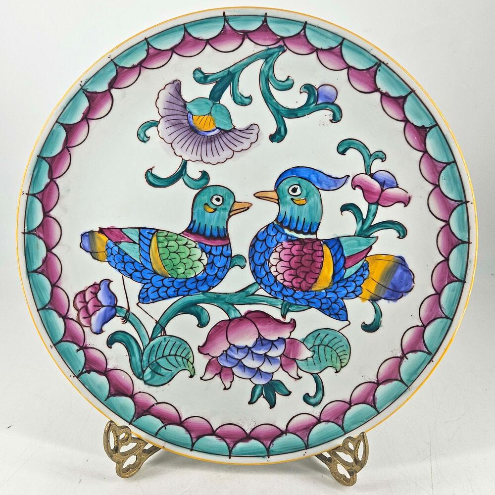 Vintage hand painted ceramic decorative plate blue green birds flowers